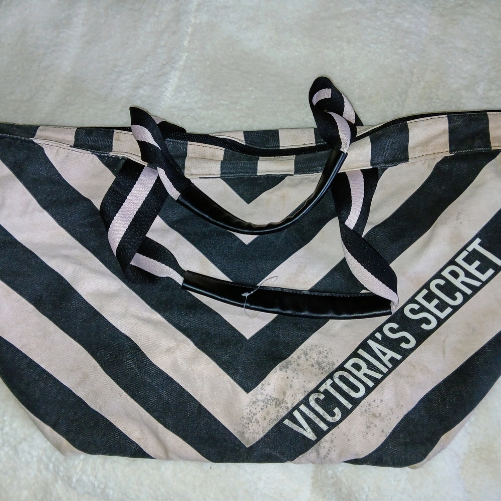 Victoria's Secret Black and Cream Tote Bag with Striped Design
